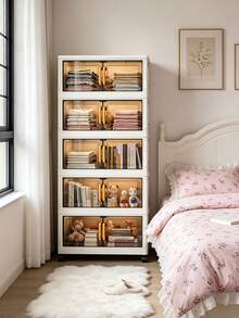 1pc 40cm-50cm Wide Foldable Storage Cabinet Organizer Rack, No Assembly Required, Multi-Layer Portable Wardrobe For Living Room Bedroom Clothes Toys Storage Space-Saving - Transparent Tea - View 7