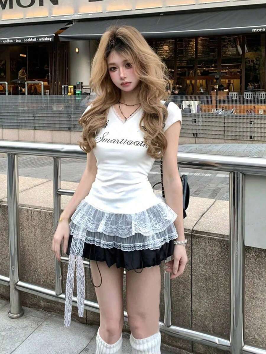 Lace Patchwork V-Neck Short Sleeve Printed T-Shirt, Sexy Slim Fit Casual Top For Summer White - White - View 1
