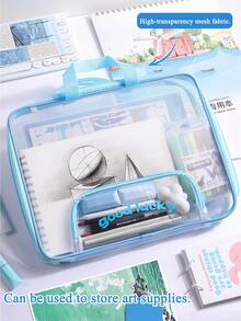 1pc Transparent Document Storage Bag With Handle Zipper Mesh Pouch Large Capacity Stationery Organizer For School Exams Back To School - Single Piece - View 6