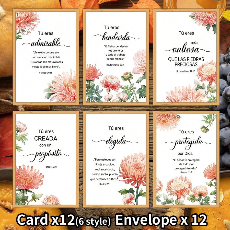 12 Pack Spanish Christian Greeting Cards With Envelopes, Pink Floral ...