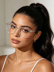 1pc Unisex Kids & Teens Square Acrylic Classic Beige Fashion Glasses, Daily Wear - Clear - View 2