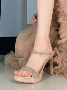2026 New Gold Rhinestone Braided Shiny High Heel Sandals, Thin Strap Square Toe Open Toe High Heel Wedding Party Height-Increasing Women's Shoes - Gold - View 4