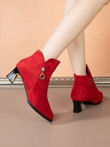 Women's Thermal Lined Warm Ankle Boots, Thick Heel New Autumn/Winter Suede Boots, High-End Style Mom High Heel Shoes - Red - View 3