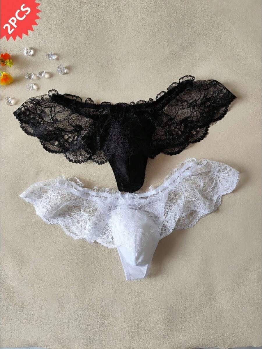 Best SellerSoft And Comfortable Breathable Underwear, Low Waist Underwear, With Fashionable Pouch Design,2pcs Men's Sexy Thong Underwear, Lace Skirt,