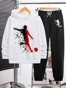 Youth Boy Cartoon Print Warm Hoodie And Pants Set - White - View 1