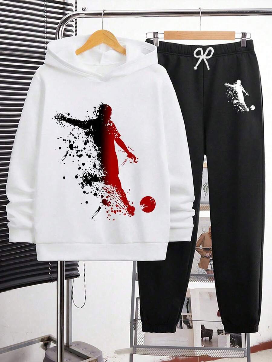 Youth Boy Cartoon Print Warm Hoodie And Pants Set - White - View 1