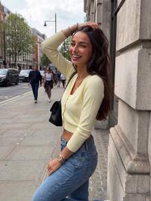 Summer Fall Women Casual Elegant Cardigans Yellow Y2K Cropped Slim Long Sleeve V Neck Button Down Knit Perfect For Vacation & Party - Yellow - View 8