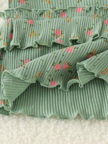2pcs Baby Girl Fresh Cute Long Sleeve Printed Ribbed Top & Flared Pants Set, Thin Spring/Autumn - Green - View 5