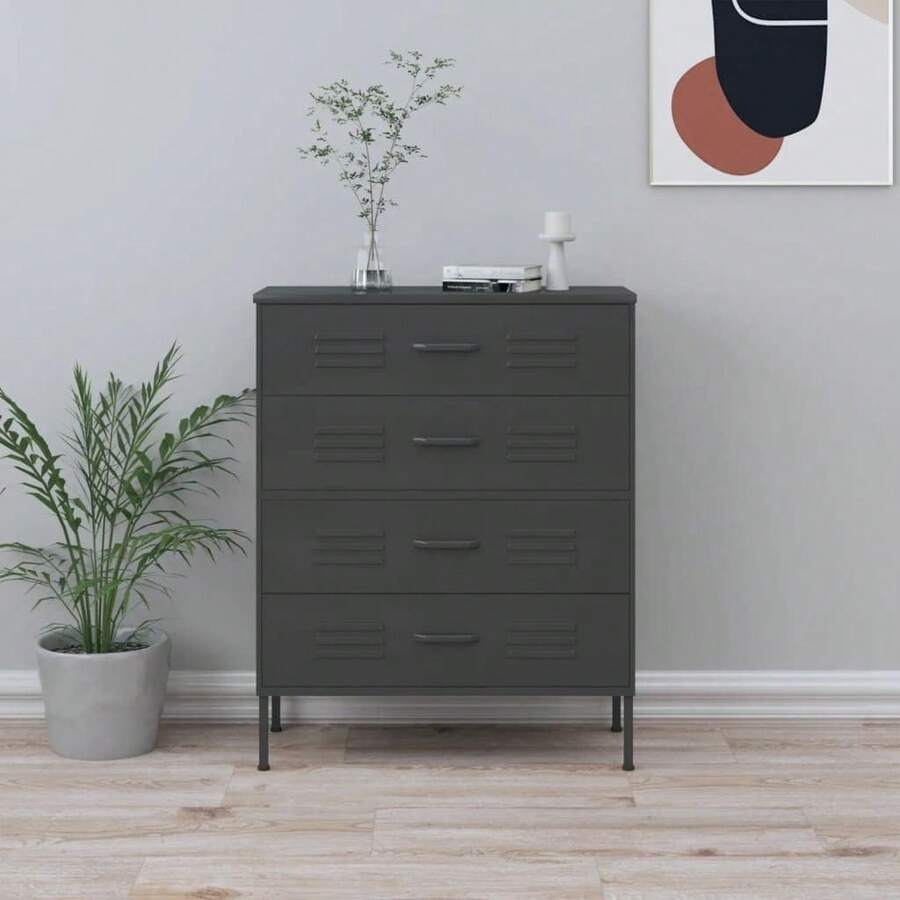 vidaXL Kommode 4 Schubladen Anrichte Schrank Beistellschrank Mehrzweckschrank Standschrank Sideboard Schubladenschrank Grau 80x35x101,5cm Stahl - Grau - Übersicht 1