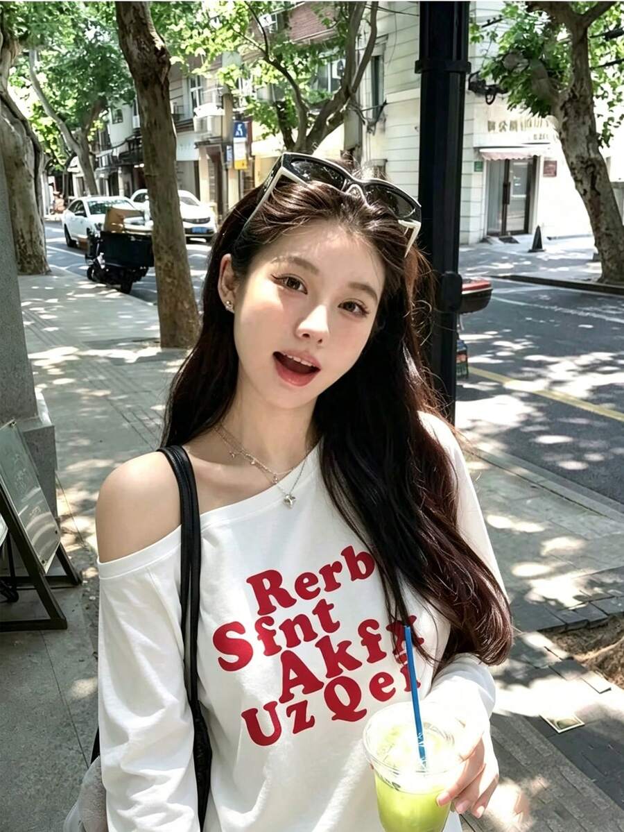 Women's Fashion Open Shoulder Long Sleeve T-Shirt, High Elasticity Polyester Fabric, Autumn Essential, Suitable For Daily Wear White Casual - White - View 1