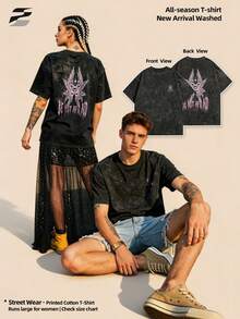 230g Washed Double-Sided Printed Short Sleeve-Shirt, Round Neck Relaxed Fit Casual Tee, Soft Lightweight Versatile Basic Top Daily Wear. - Black - View 1