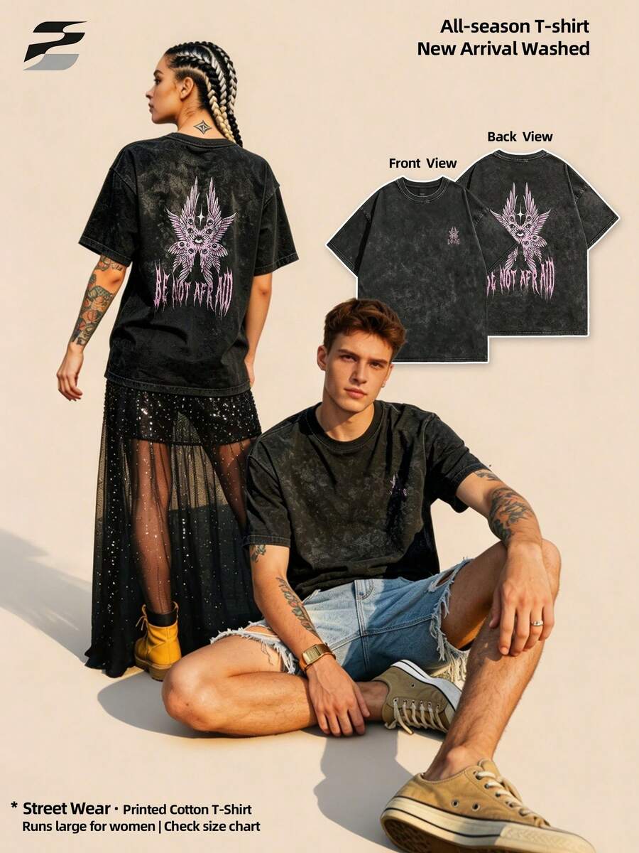 230g Washed Double-Sided Printed Short Sleeve-Shirt, Round Neck Relaxed Fit Casual Tee, Soft Lightweight Versatile Basic Top Daily Wear. - Black - View 1