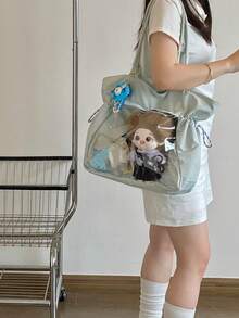 1pc Fashionable Casual Reversible Nylon Drawstring Transparent Badge Decor Large Capacity Shoulder Bag, Suitable For Daily, Commuting, Party, Holiday Gift For Women - Multicolor - View 3