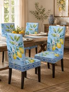 Detachable Elastic Spandex Chair Cover, Light Blue Lemon Dining Chair Protective Cover, Used For Home Living Room, Kitchen Decoration Products, Reusable, Very Suitable For Thanksgiving And Christmas Holidays, Bedroom And Office Furniture Protection. - B - View 6