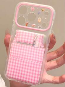 Cute Cartoon Pink Plaid Rabbit Animal Phone Case Compatible With Apple 17 Pro Max 16 Pro New 17 Niche 15 Pro Girl Heart 15 PM Creative 17 Pro Matte Full Coverage - Pink - View 2