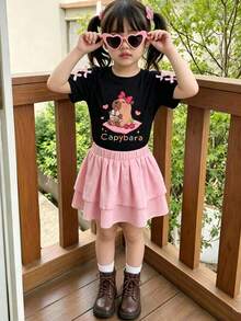 少女卡通印花圓領短袖上衣與裙子套裝 - 黑色 - 查看 1