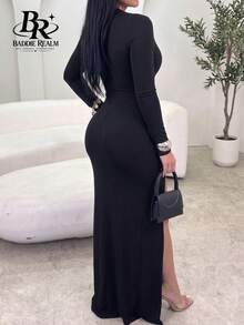 Robe longue moulante fendue pour femme BADDIE REALM, sexy pour soirée en amoureux - Noir - Voir 4