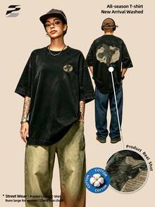 230g Washed Double-Sided Printed Short Sleeve-Shirt, Round Neck Relaxed Fit Casual Tee, Soft Lightweight Versatile Basic Top Daily Wear. - Black - View 2