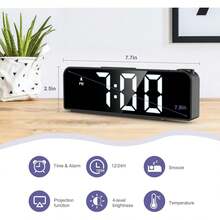 Reloj Despertador LED con Proyección al Techo 7.9", Pantalla Grande, 4 Brillos, Snooze y Temperatura para Dormitorio - De color negro - Ver 3