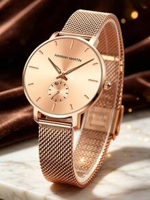 HANNAH MARTIN Exquisite Blue Women Watch Small Circular Second Hand,Fashion Waterproof Stainless Steel Mesh Strap Watch For Women,Suitable For Business&Dinner Wear - Round Small Seconds Hand Style - View 6