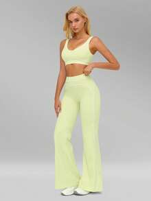 MFVIM Women's Sports Suit, Two-Piece Set With Color-Blocked Lines, Sports Bra And Flared Pants, High-Waisted, High-Elasticity, Quick-Drying Yoga Set - Olive Green - View 9