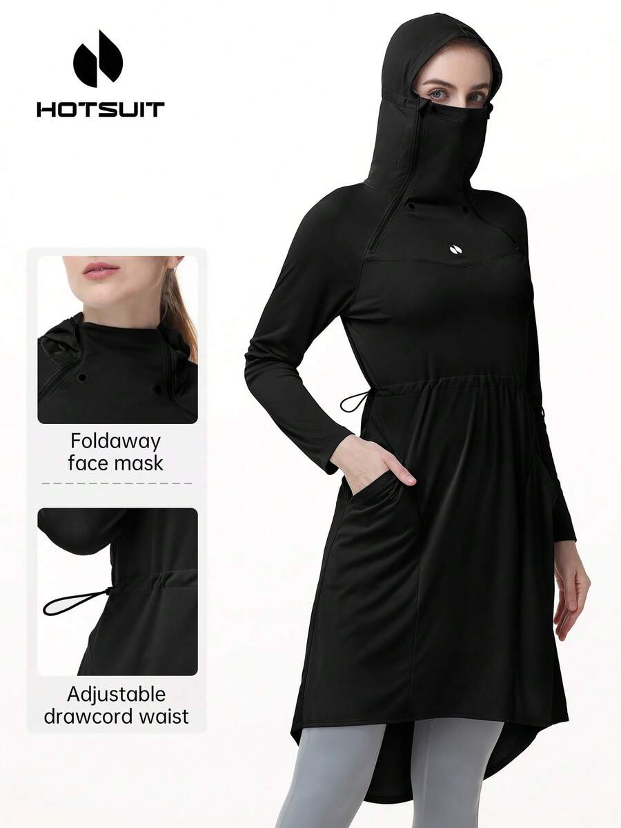 HOTSUIT Women's Slim Fit Hooded Long Dress With Face Mask, Foldable Design, Adjustable Drawstring Hood And Waist, 2 Side Pockets, Suitable For Outdoor Sports - Black - View 1