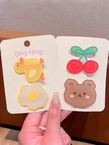 2pcs Cute Cartoon Fruit & Animal Hair Clips, Suitable For Girls Children, Cute Rabbit, Bear, Strawberry, Cherry Shaped Children Hair Accessories, Daily Hairstyle Accessories - Multicolor - View 2
