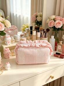 Cute Ruffle Lace Makeup Bag, Women & Girls, Vintage Striped Polka Dot Cosmetic Organizer, Travel Toiletry Bag, Suitable For Daily Use, Vacation And Dorm Storage - Multicolor - View 6