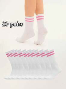 30/20/10/5 Pairs Women's Striped White Soft Comfortable Mid-Calf Socks, Suitable For Daily, Outdoor Leisure Sports, Loafers, Sneakers, All Seasons - Multicolor - View 13