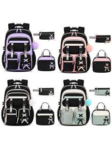 3 Pieces Set Bowknot (Detachable) Large Capacity Backpack, Tote Bag, Pencil Case, Polyester Adjustable Shoulder Strap Zipper Closure Back To School Gift - A - View 11