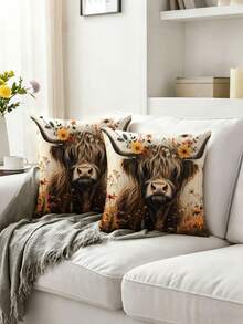 2pcs,Scottish Highland Cow Pillow Case,Home Decor,Gift,Polyester Material,Hidden Zipper,No Filling,Suitable For Home Decor,Living Room Decor,Pillow Case,Cushion Cover,Sofa Decorative Cushion,Pillow Cover,Lumbar Pillow Case,Soft Cushion - Multicolor - View 1