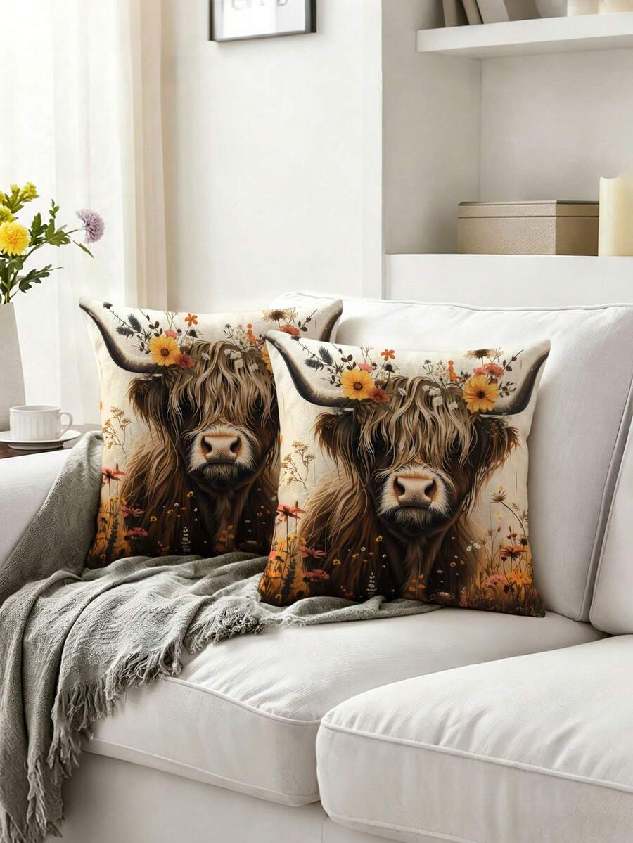 2pcs,Scottish Highland Cow Pillow Case,Home Decor,Gift,Polyester Material,Hidden Zipper,No Filling,Suitable For Home Decor,Living Room Decor,Pillow Case,Cushion Cover,Sofa Decorative Cushion,Pillow Cover,Lumbar Pillow Case,Soft Cushion - Multicolor - View 1