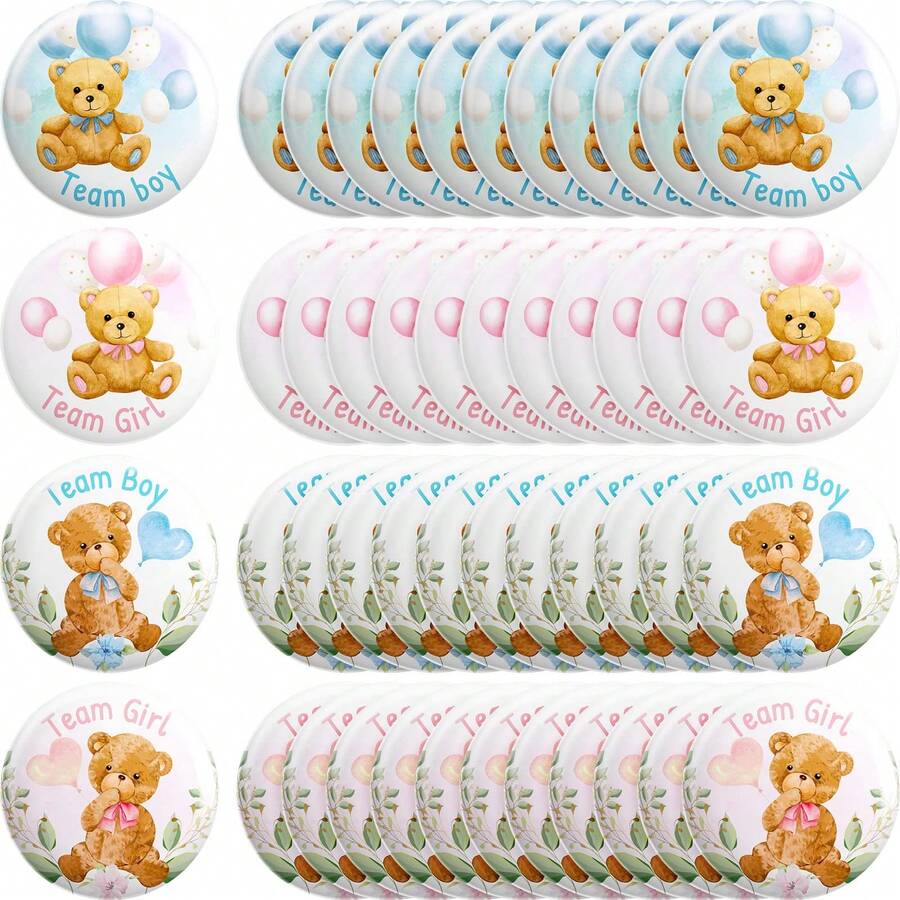 12/24 Pcs Bear Gender Reveal Pins Funny Baby Shower Team Gender Reveal Decorations Blue And Pink Team Button Pins For Birthday Party Supplies