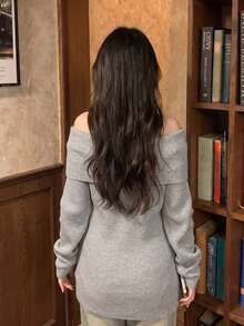 [Y6Y]Women's Off-Shoulder Sweater, Loose Minimalist Sexy Slouchy Knit Top For Autumn - Grey - View 2
