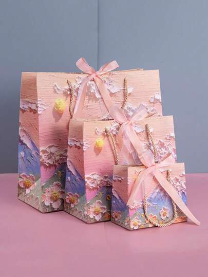 Tas Kado Motif Daun Bunga Elegan dengan Pita Sutra Dua Warna, Tas Tote Kertas Tebal yang Dapat Digunakan Kembali, Cocok untuk Pernikahan, Pesta Lajang, Ulang Tahun, Hari Jadi, Kemasan Kado Liburan, Tas Souvenir Pesta Serbaguna