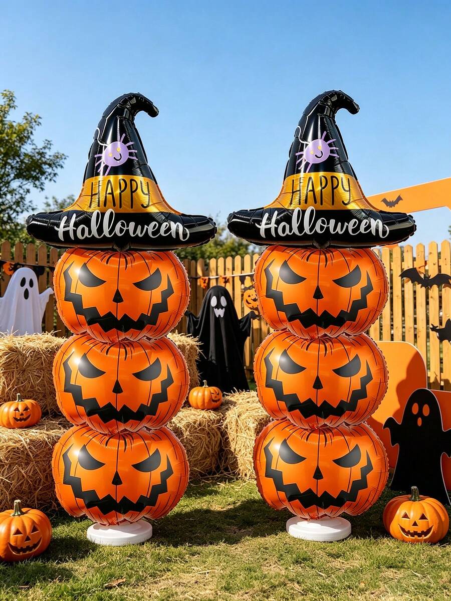4/8pcs Halloween Pumpkin Column Stacking Balloon Set, Includes Witch Hat 3-Layer Pumpkin, Porch Yard Welcome Decoration Props - Multicolor - View 1