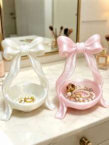 Cute Bow Jewelry Tray, Shiny Pearl Texture Ring & Earring Storage Dish, Bathroom Vanity Aesthetic Decor Organizer Box - Multicolor - View 2