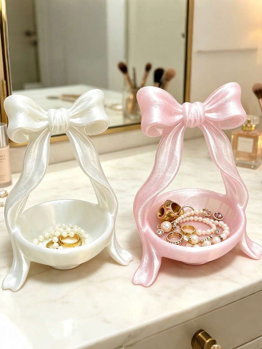 Cute Bow Jewelry Tray, Shiny Pearl Texture Ring & Earring Storage Dish, Bathroom Vanity Aesthetic Decor Organizer Box