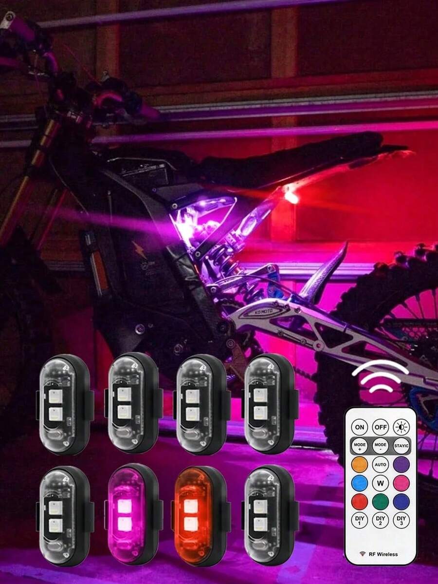 2/4/6/8件組 RGB LED 機車燈套件，無線遙控充電式單車燈，8色動態閃爍燈，防水裝飾燈，適用於機車、單車、ATV、機車踏板車，夜騎配件，送給男性的禮物