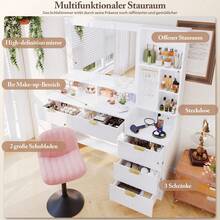 Devoko Modern Vanity Table With Mirror, LED Lighting With 3 Color Modes, 5 Drawers, Open Shelves, Jewelry Hooks And Integrated Power Outlet, Dressing Table For Bedroom, White - 查看 3