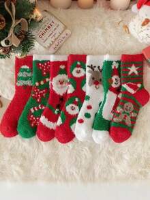 7/5/1 Pair Women's Christmas Coral Fleece Mid-Calf Socks, Super Soft Thickened Warm Plush Home Sleep Floor Socks, Santa Claus Reindeer Christmas Tree Gingerbread Man Print, Red Green Holiday Home Gift Socks For Girls Students - Multicolor - View 2
