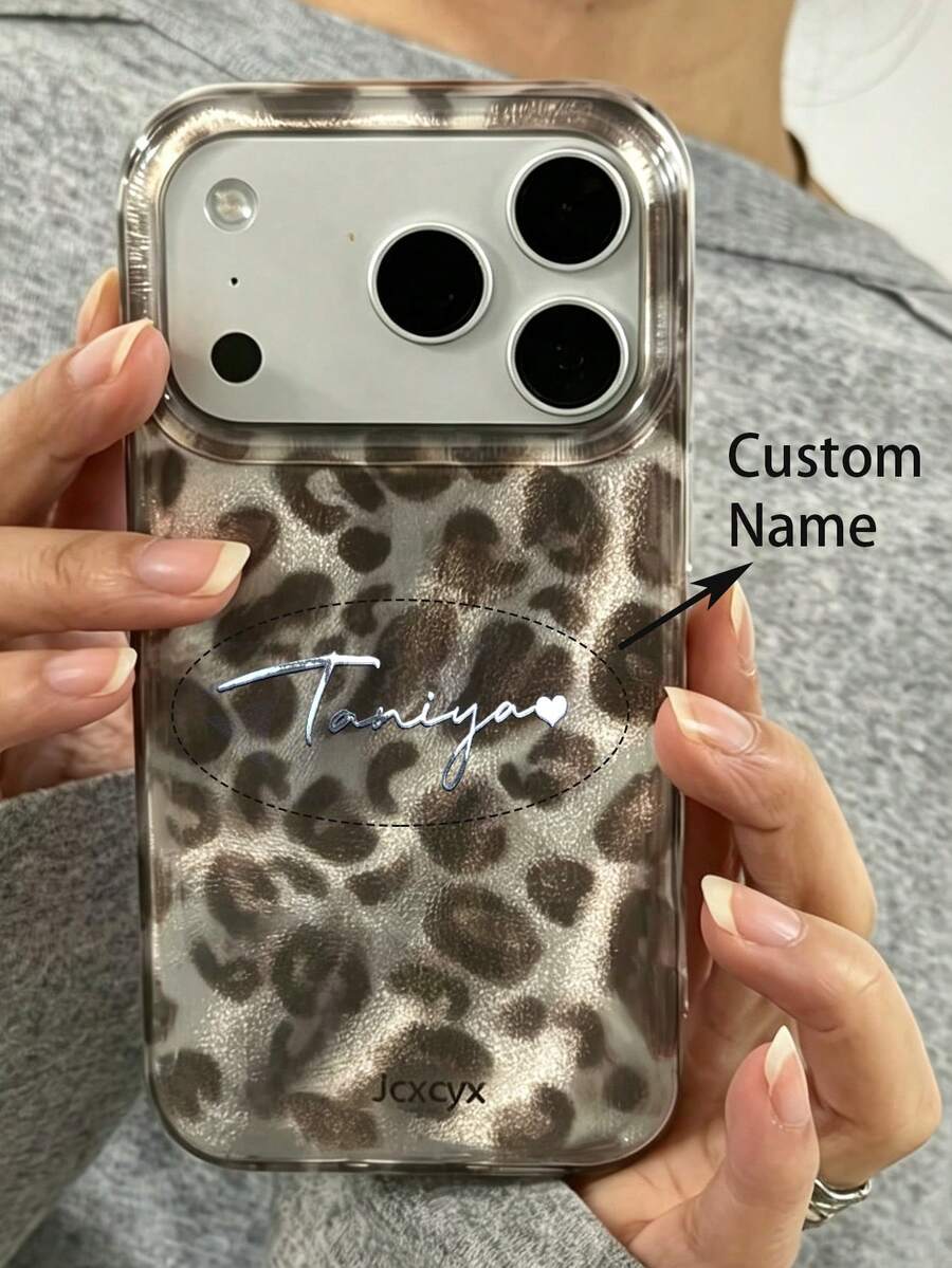 [客製化] 個性化字母刻印奢華豹紋手機殼，適用於 iPhone 18 17 Pro Max 17 16 15 14 13 12 Pro Max 14 15 16 Plus，防震保護殼 - 灰色 - 查看 1