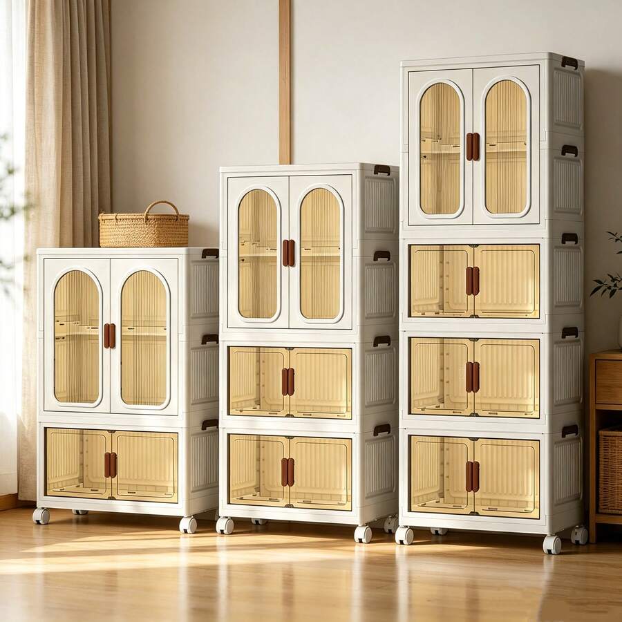VOOVA 70CM2/3/4-plans fristående modulärt förvaringsskåp med hjul, kombinerbart, bågformad genomskinlig dubbeldörr, dammtät organisatör för neutral stil i vardagsrum, TV-vägg och sortering av småsaker - Visa 1