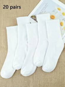 30/20/10/5/1雙女款百搭時尚純白色休閒運動中筒襪，長襪，適合四季日常穿著 - 白色 - 查看 12