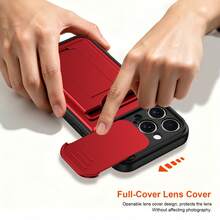 Card Holder Stand Phone Case Integrated Slide Lens Cover + Card Slot Storage + Hidden Stand 3-In-1 Function, Full Coverage Lens Protection, Dustproof & Scratch-Resistant, Easy Card Storage, Horizontal & Vertical Dual-Use Stable Support, Compatible With IPhone 16/17, / And More - Red - View 5