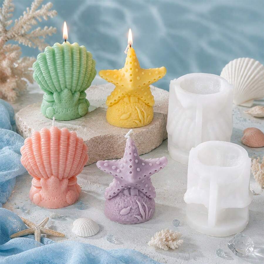 1/2件 3D貝殼海星矽膠蠟燭模具 海洋主題 DIY 香氛蠟皂樹脂模具，適用海灘婚禮與海岸居家裝飾
