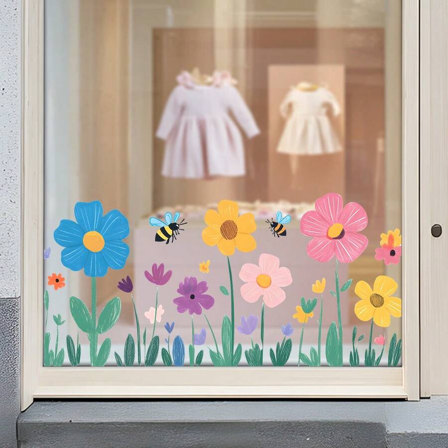 1PC Hand-Painted Colorful Wildflower & Bee Window Sticker, Fresh Pastoral Floral Glass Window Self-Adhesive Decorative Decal For Living Room And Kids Room - Multicolor - View 1