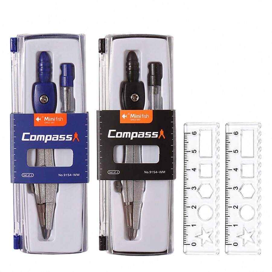 Geometry Compass Set With 6cm Mini Ruler, 2 Pieces Metal Drawing Compass With Replacement Lead Core, Precision Math Compass Tool For Circle Drawing, Geometry, Drafting, Sketching, School Supplies, Engineering And Art Drawing,Back To School,1Pc/2Pcs - Sets - View 1