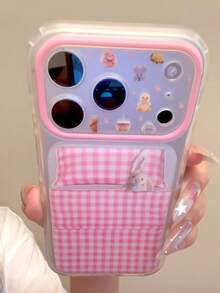 Cute Cartoon Pink Plaid Rabbit Animal Phone Case Compatible With Apple 17 Pro Max 16 Pro New 17 Niche 15 Pro Girl Heart 15 PM Creative 17 Pro Matte Full Coverage - Pink - View 3
