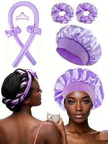 5/1pc Heatless Curling Headband Set, Includes: Heatless Curler, Satin Sleep Cap, Heatless Headband, Hair Scrunchie, Soft Sleep Cap, Comfortable And Flexible Styling Tools, Suitable For Women's Long Curly Hair Styling - Multicolor - View 3